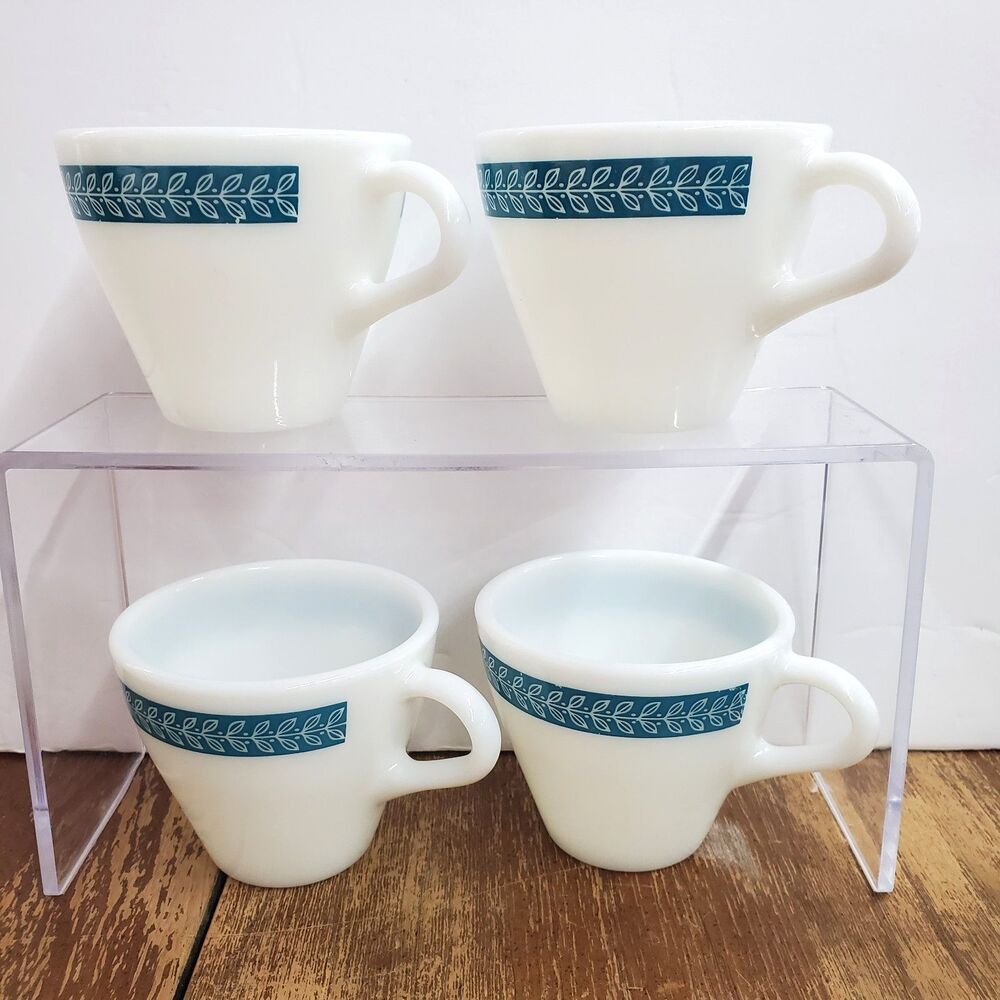 Vintage Pyrex Laurel Leaf Bluegrass Turquoise Teal Milk Glass Coffee Mug Set / 4